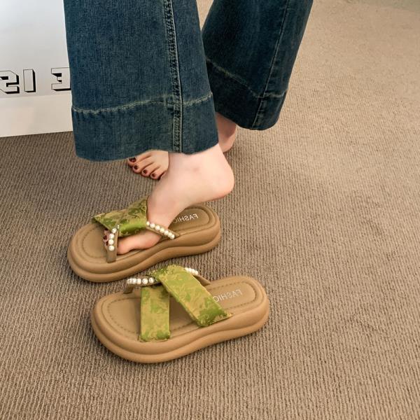 Fashion Shoes Woman 2025 String Bead Female Slippers Platform New Beach Slides Scandals String Bead House Slippers Platform Beach Shoes