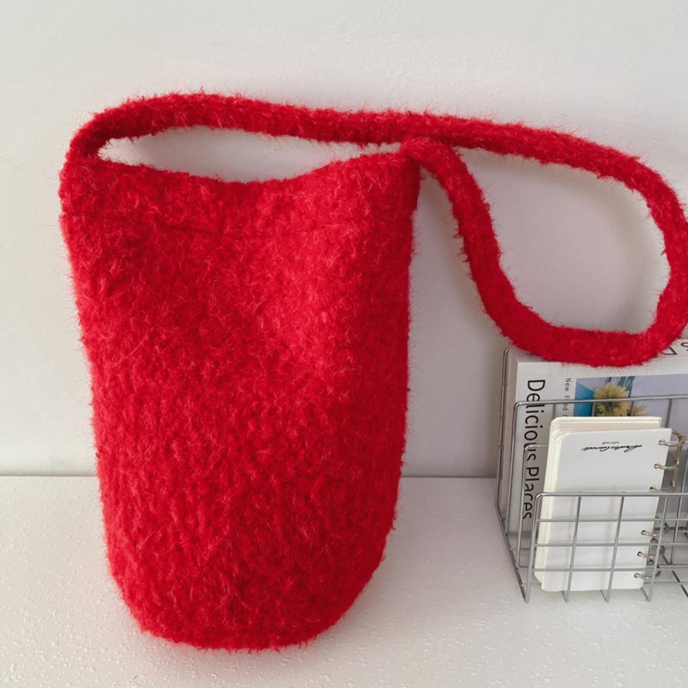 

Vintage Plush Bucket Bag Cute Shoulder Bag Portable Wool Tote Bag Travel