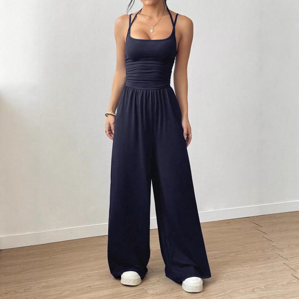 Solid Color Halter Sleeveless High Waist Wide Leg Casual Jumpsuit