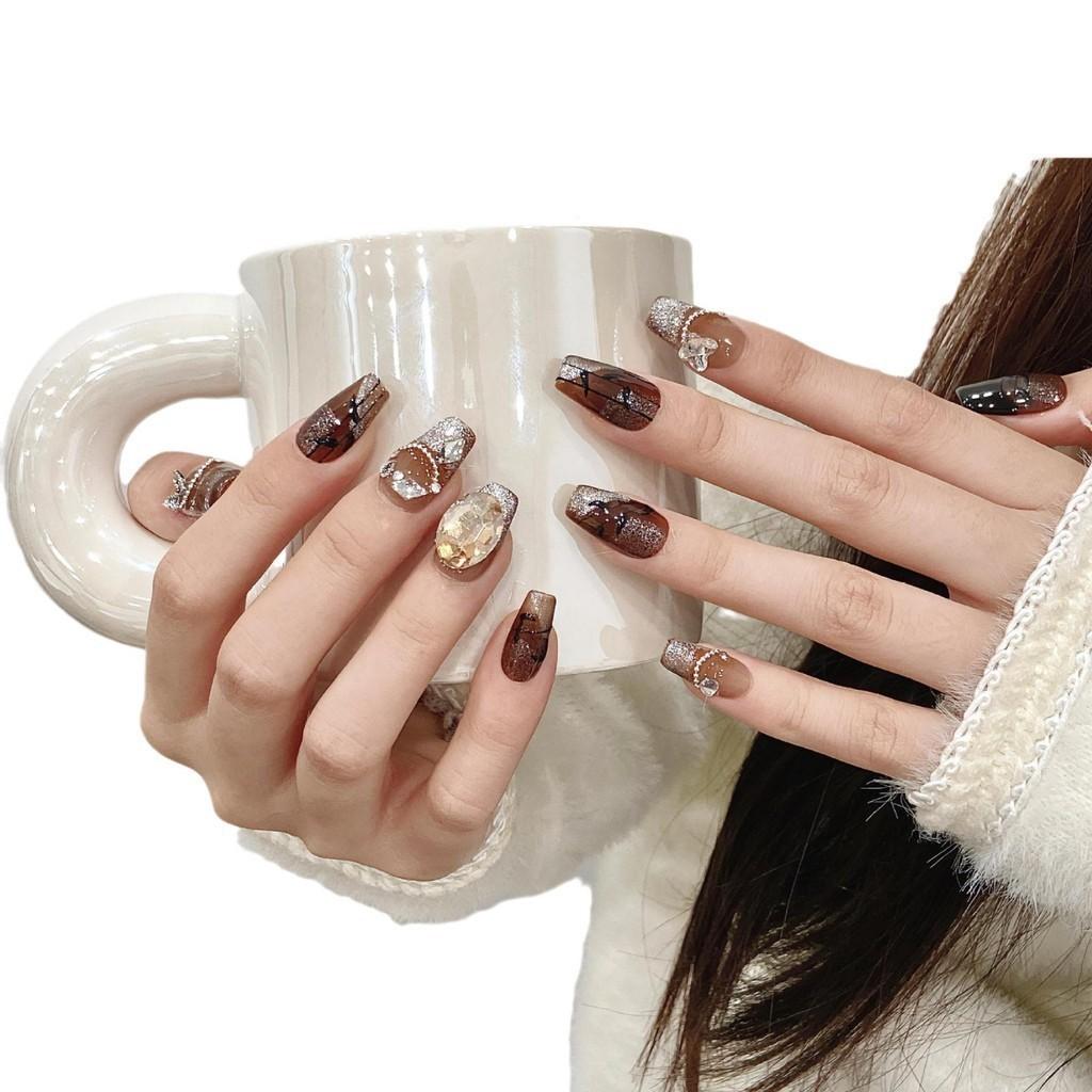 HANDMADE Medium Long Coffin Shape Fake Nail Maillard Brown French Sparkling Diamond Ins Style Socialite Luxurious Milky Way Galaxy Fake Nails