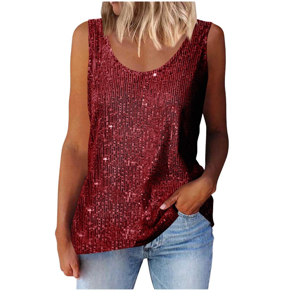 Women's Top, Commuting Sequins, Loose Fitting, Round Neck Vest, Comfortable and Casual