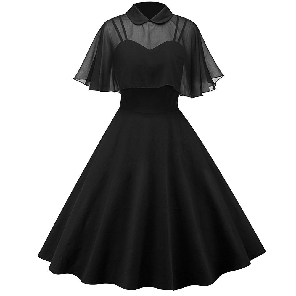 Women's Solid Color Lace Long Skirt Cloak Stand Collar Short Sleeve Dress