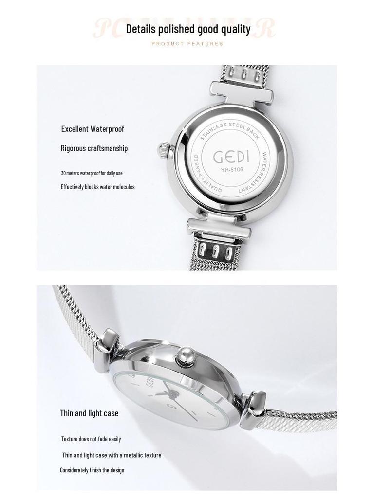 Gedi Damski Minimalistyczny Wodoodporny Zegarek Kwarcowy z Paskiem z Siatki ze Stali Nierdzewnej