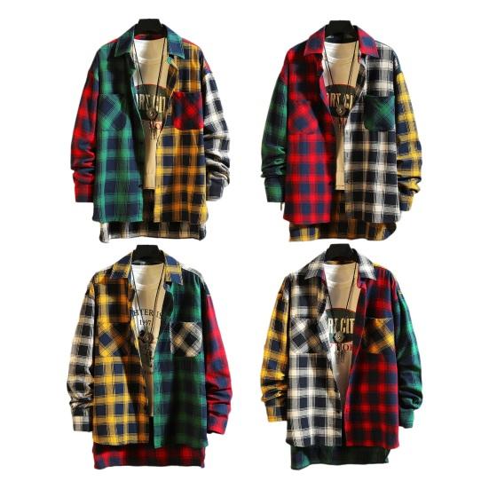 Men Spring Shirt Colorblock Plaid Print Single-breasted Loose Long Sleeve Lapel Buttons Streetwear Casual Cardigan Shirt Coat