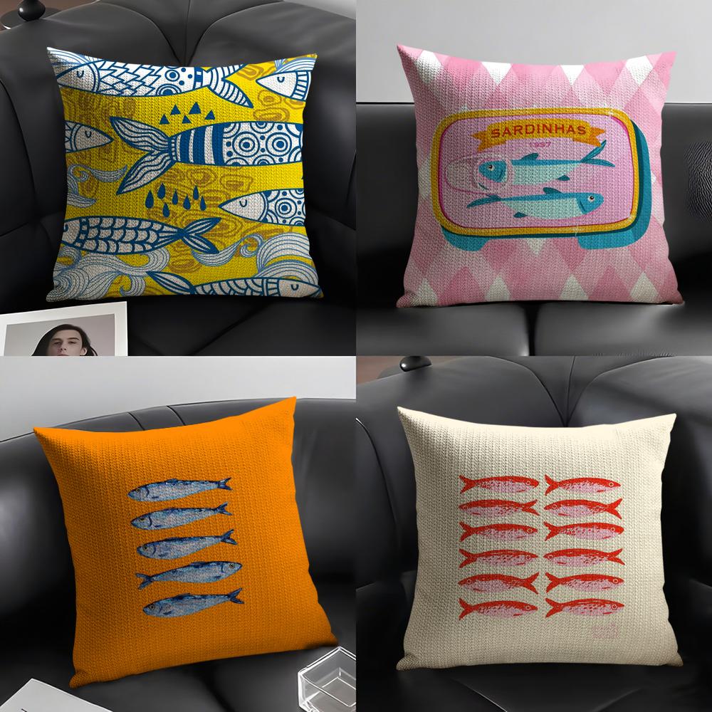 Cute Coastal Charm Sardine Cushion Cover Natural Linen Organic Fabric DoubleSided Printing Sofa Home Decor Gift Pillow Case