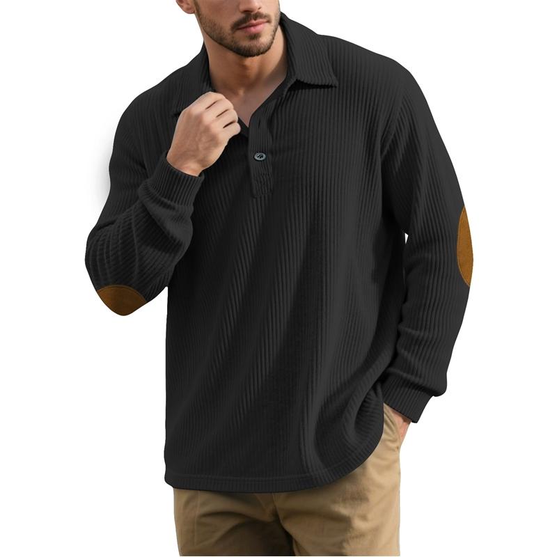 Autumn Winter Men Waffle Rib Knit Polo Shirts Contrast Suede Elbow Patches Lapel Collar Button Placket Vintage Long Sleeve Corduroy Textured Tops