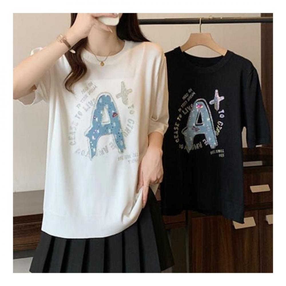 Navava Men AlphabeT Beads Loose FiT ShorT Sleeve KniT T shirT Nk2241