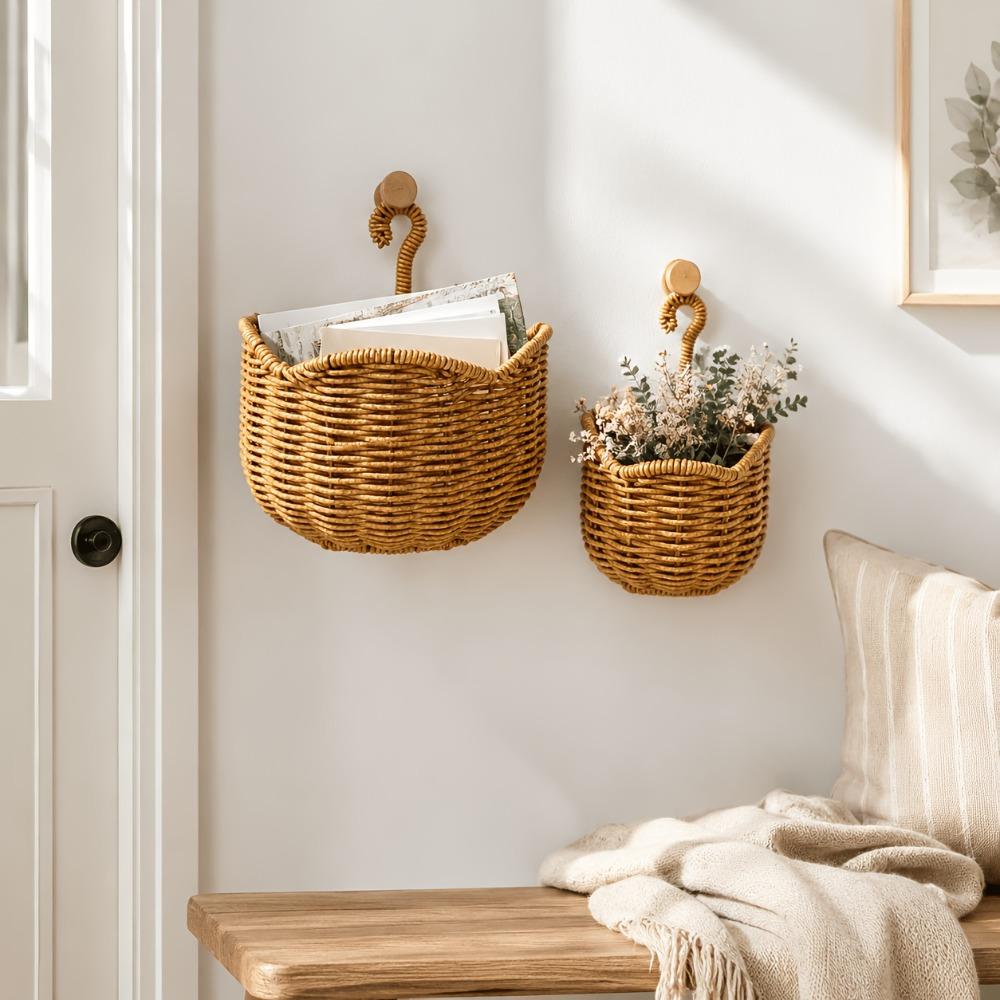 Woven Design Woven Storage Basket Plastic Fruit Vegetable Holder Wall Hanging Basket  for Kitchen