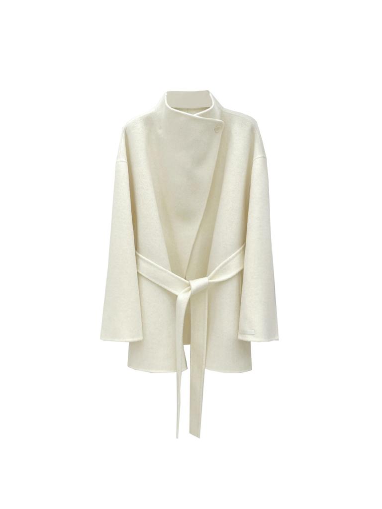 Stand-up collar short double-sided wool coat lapel loose lazy small autumn and winter women's camel white coat