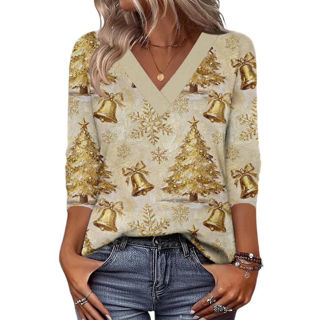 Women's Loose Comfortable Casual Fashion V-Neck Christmas Print 3/4 Sleeve Top