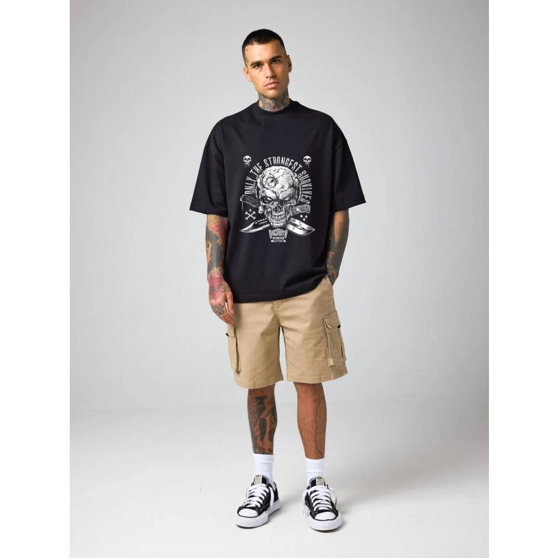 Men's Oversized T-Shirt Black Skull and Cross Knives Print Only The Strongest Survive Graphic Tee Streetwear Casual Wear