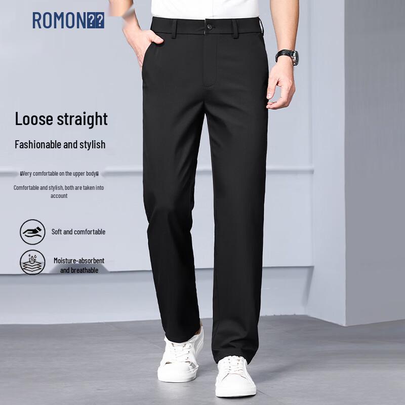 ROMON Men s Bamboo Fiber Half Elastic Waist Thin Straight-Leg Trousers 2XL
