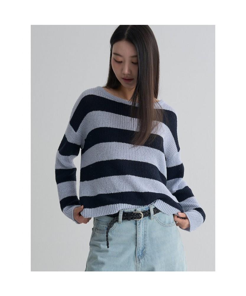 8SECONDS Loose Fit Striped Boat Neck Pullover Blue