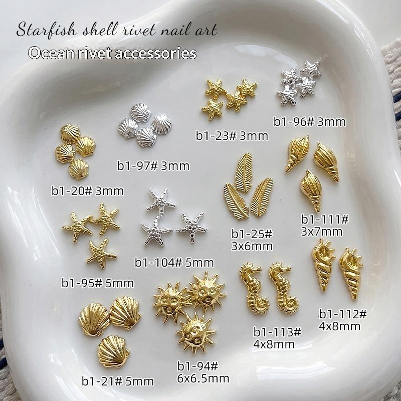 3D Mini Pure Gold Seahorse Shell Nail Charms Creative Copper Slice Conch Star Alloy Nail Art Decorations Diy Y2K Nails Supplies