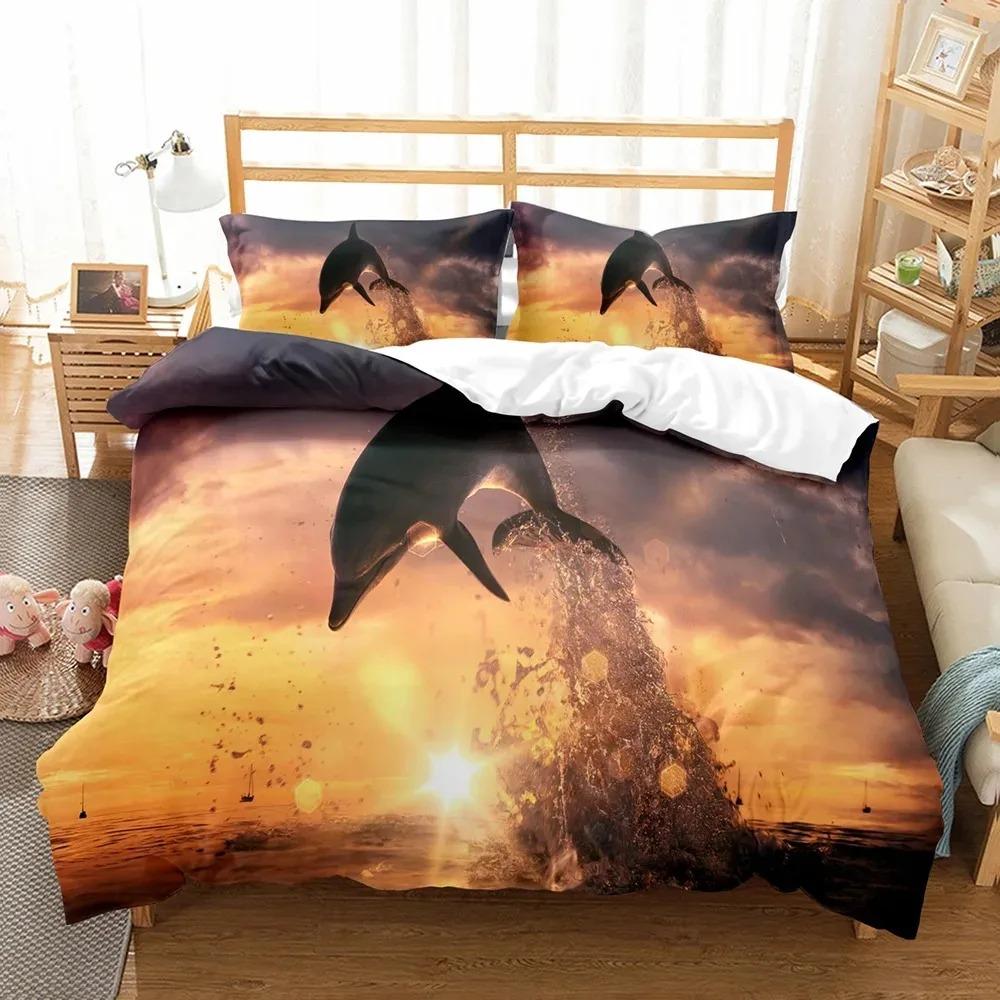 Fashion Blue Dolphin Duvet Cover Set Cute Aniaml Bed Linen Pillowcase Luxury Home Texitle Queen Full Size 3D Bedding Sets Sea