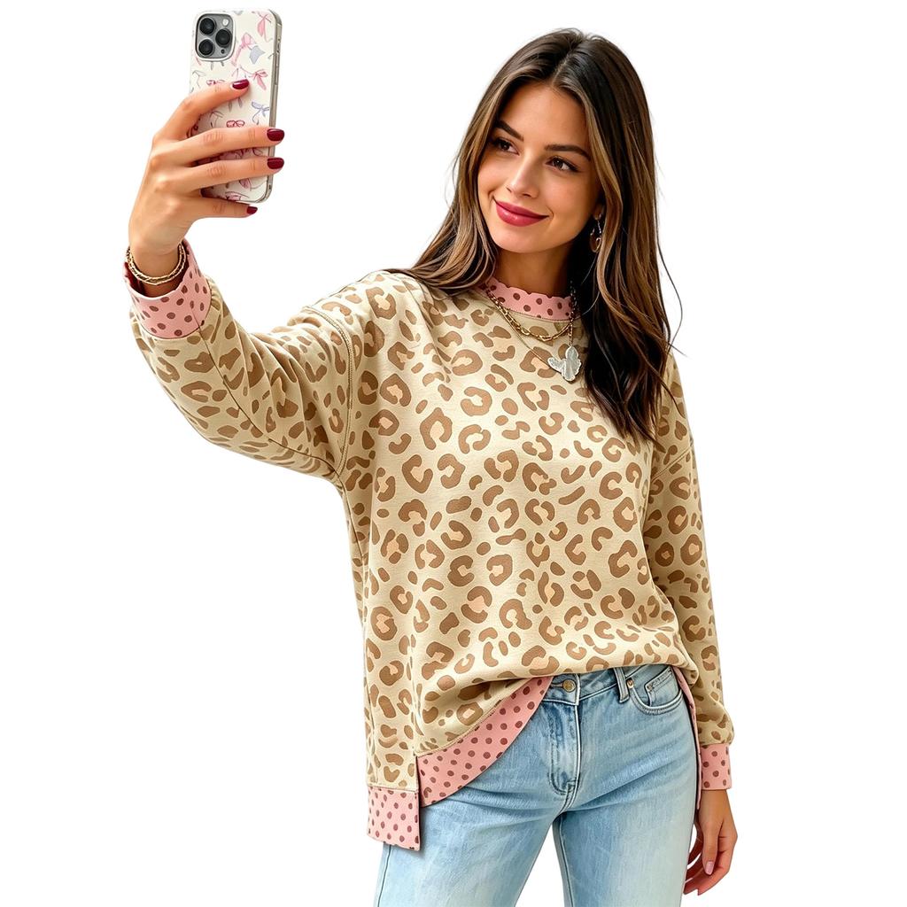 Women's Loose Fit Neck Sweatshirt with Leopard Print and Polka Dot Color Block for Fall