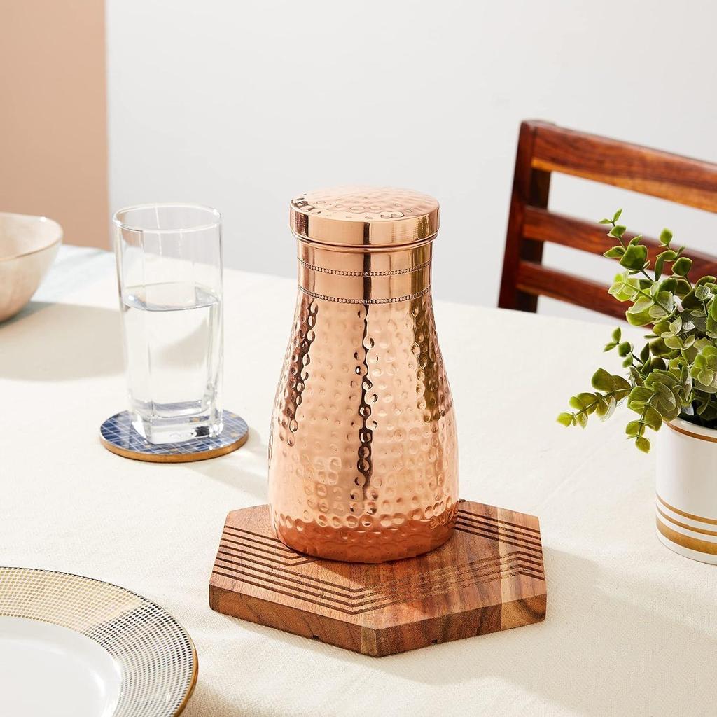 Copper Water Bottle  Bedside Bottle with Glass  Hammered Finish 1000 Ml