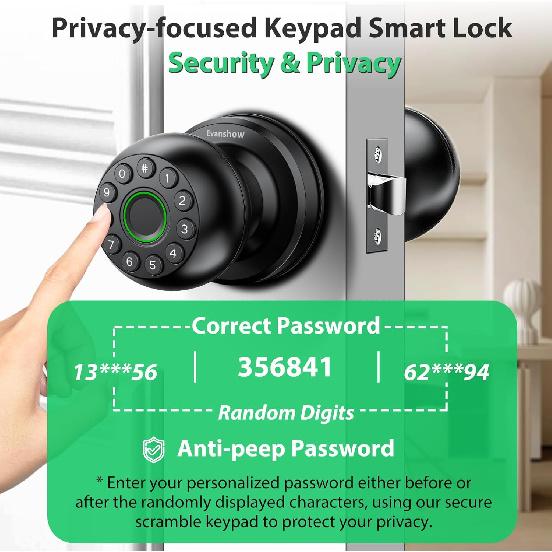 Smart Door Knob Fingerprint Lock 4-in-1 Keyless Entry (Fingerprint/App/Code/Key) Biometric Door with Auto-Lock Easy Install for Home/Bedroom/Office