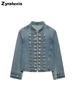Women's Napoleon Style Button Embroidery Patch Slim Fit Denim Jacket Top