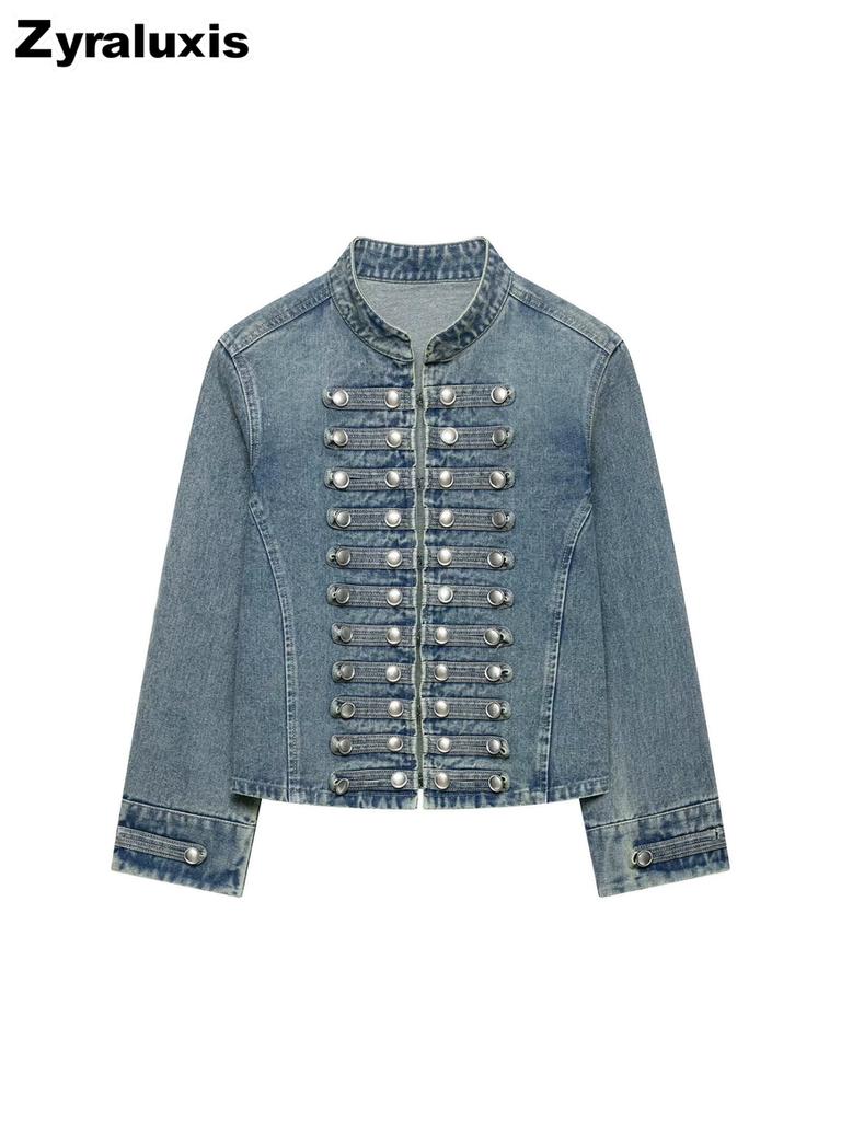Women's Napoleon Style Button Embroidery Patch Slim Fit Denim Jacket Top