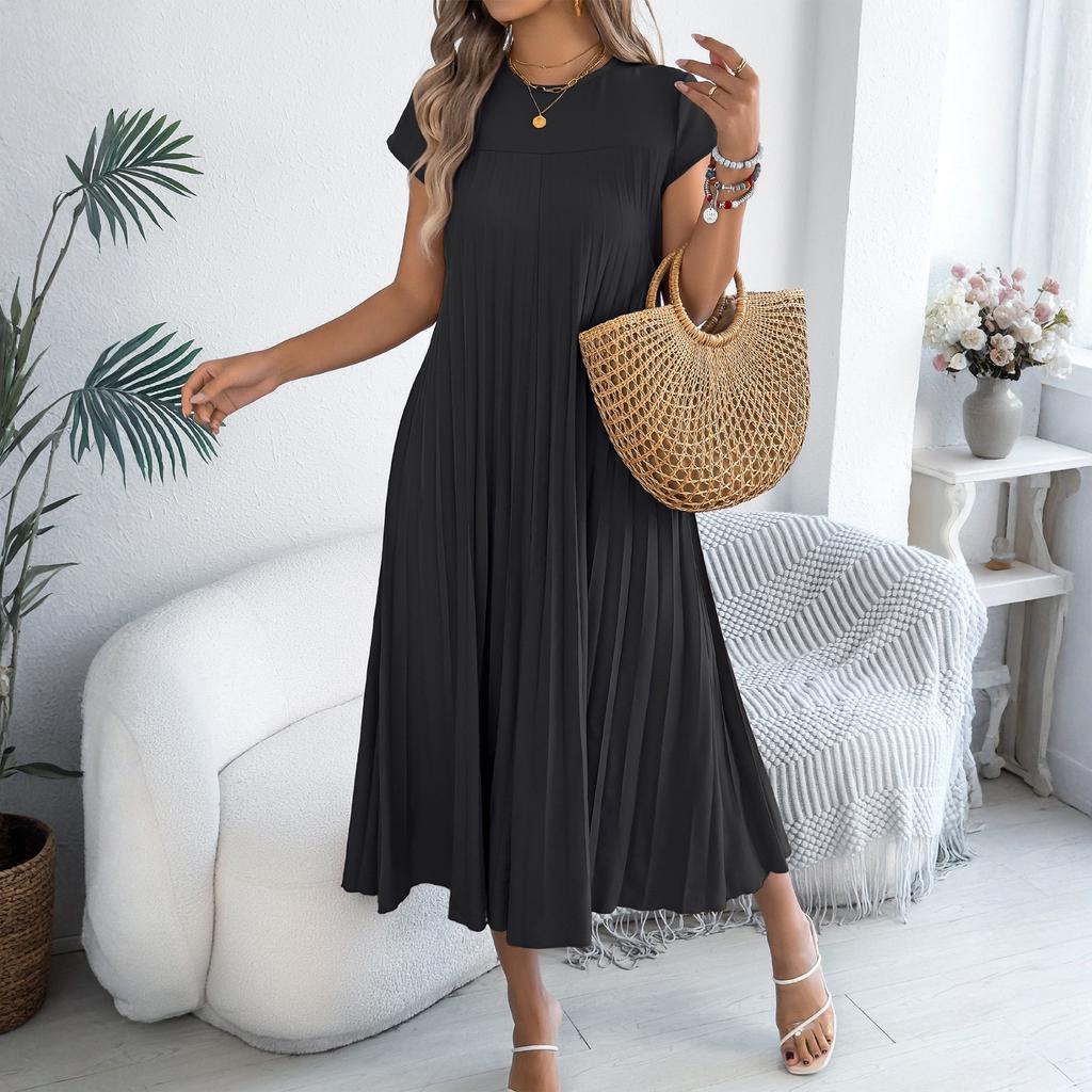 Women Short Sleeve Crew Neck Casual Loose Fit Pleated Midi Dress with Pocket Comfortable Everyday Wear Suitable for Various Occasions