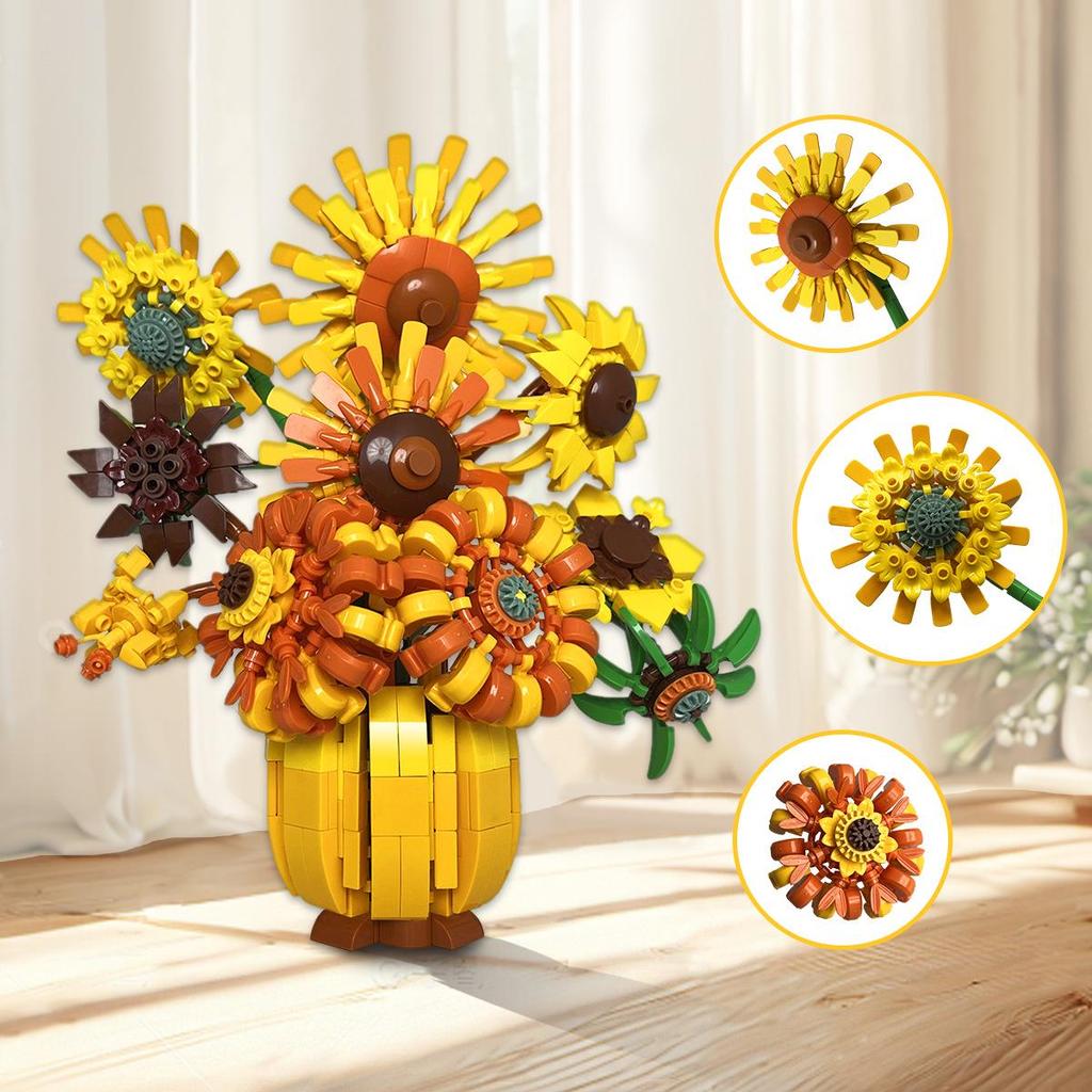 Building Blocks Rose Bouquet and Sunflower Vase Model