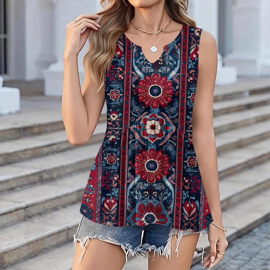 Women's Fashionable New Retro Floral Textured V-neck Loose Casual Flowy Sleeveless Vest Top