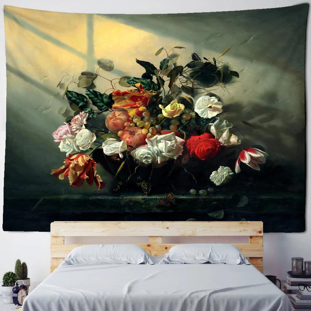 Einfache Europäische Blumen- und Frucht-Ölgemälde-Wandteppich Psychedelische Kunst Schlafzimmer Wohnzimmer Heimdeko Wandbehang