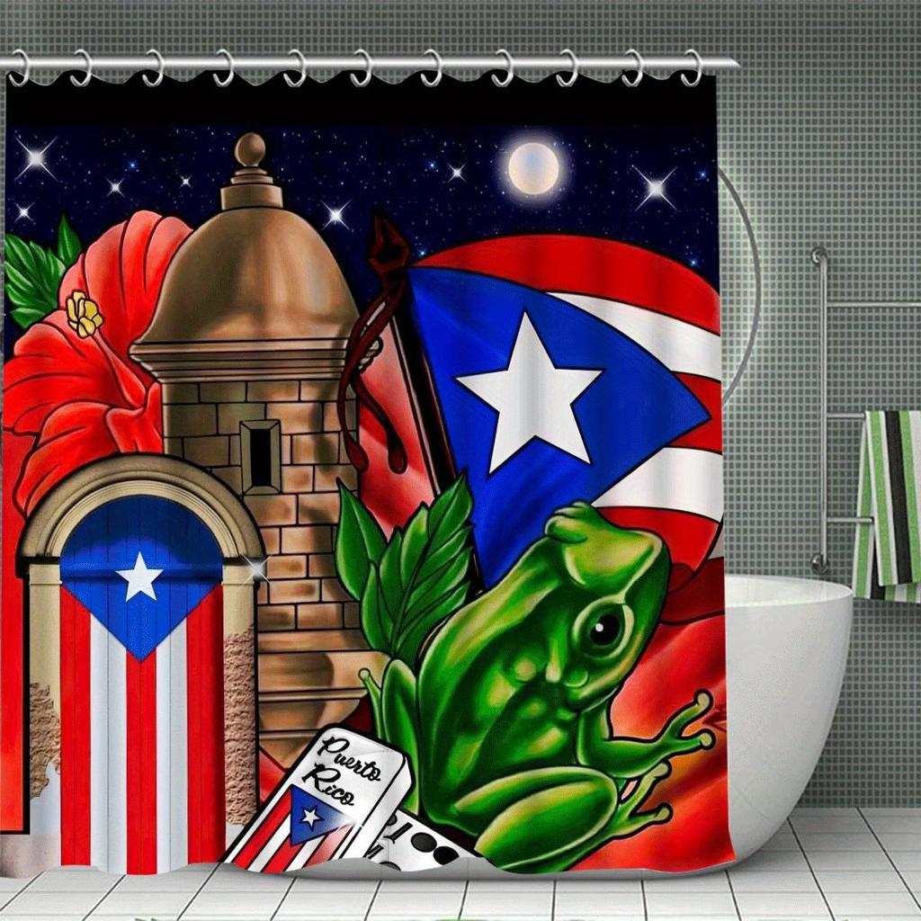 Vibrant Puerto Rico Themed Tropical Paradise Bathroom Set -Waterproof Shower Curtain, Floor Mats, Toilet Lid Cover & Contour Mat