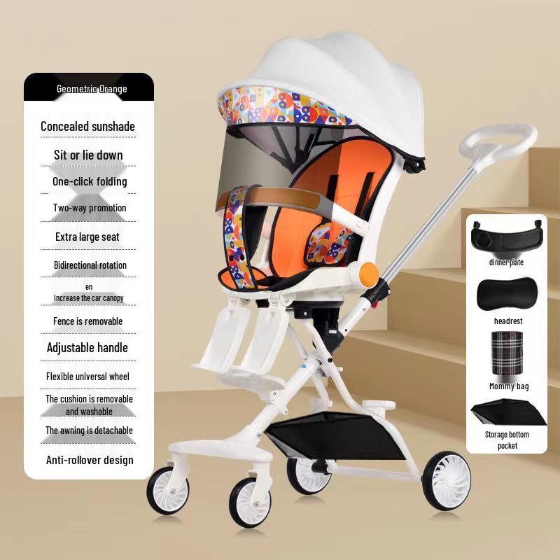 Cărucior pliabil bidirecțional cu șasiu înalt pentru bebeluș, cu patru roți