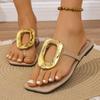 Fashion New Women Slippers Square Toe Open-toe Flip-flops Solid Color Beach Slippers Clip-toe Flat Metal Buckle Sandals Slides Women