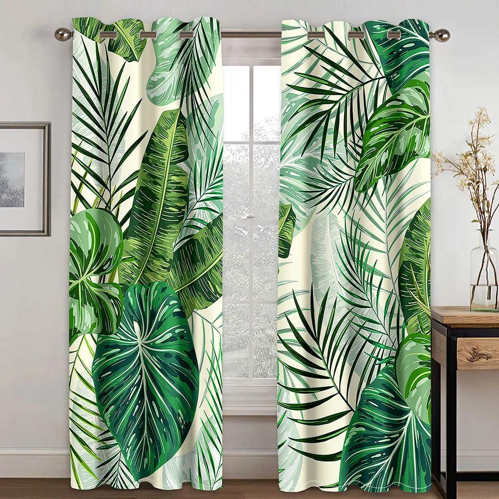 Custom European Elegant Green Leaves Curtains Luxury Curtains Tropical Leaves Pattern Window Curtains for Bedroom Living Room