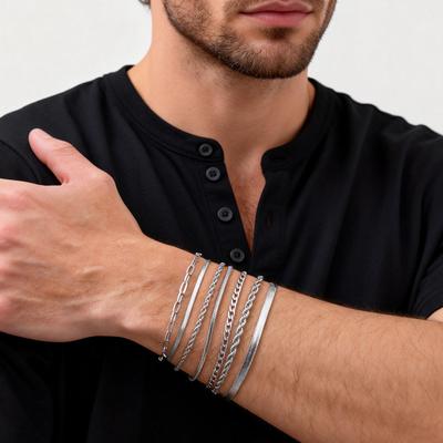 7pcs/set Simple Chain Bracelet for Men Women,Stainless Steel Silver Color Metal Chain Wristband,Jewelry Set Gift for Dad Mom