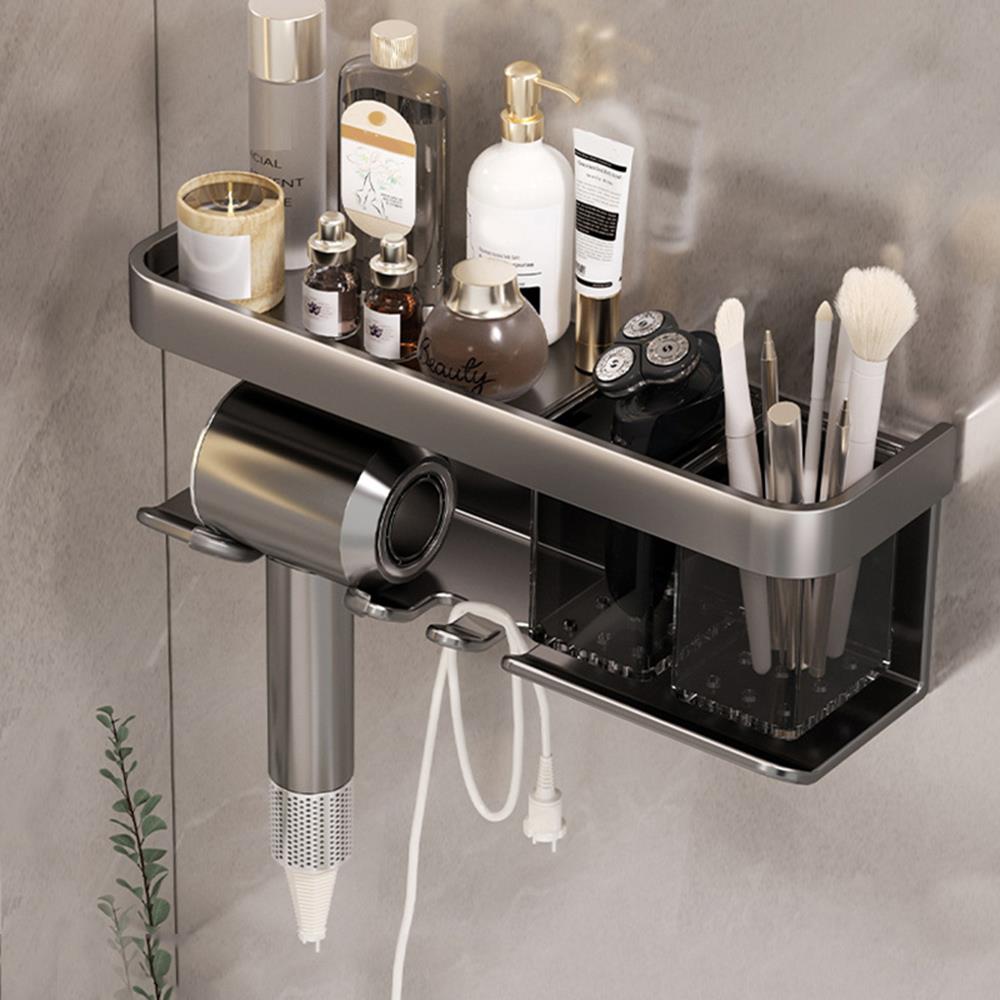 Bathroom Shelf Aluminum Alloy Hair Dryer Holder Bathroom Storage Organizer Wall Bathroom Shelf No Drilling Toilet Wall Shelf серый