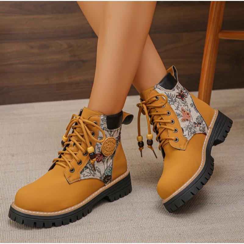 Fashion Fashion Retro Print Women Motorcycle Boots Casual Platform Work Boots Woman Outdoor Street Shoes British Leather Ankle Boots