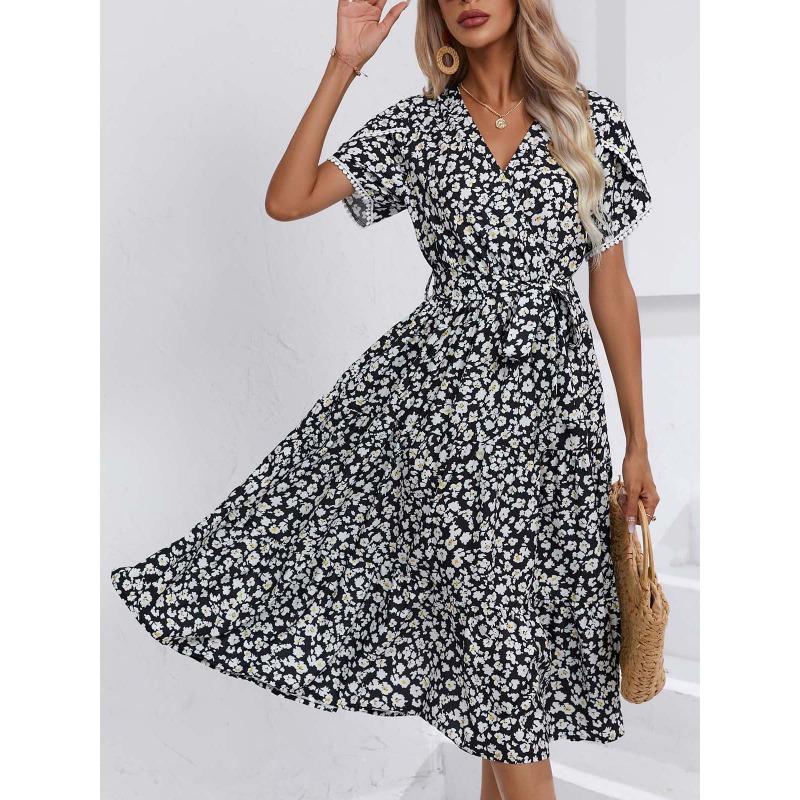 

Летнее женское платье с коротким рукавом и цветочным принтом, новое модное элегантное свободное повседневное платье А-силуэта с V-образным вырезом, женское платье со шнуровкой, женская одежда XXL чёрный