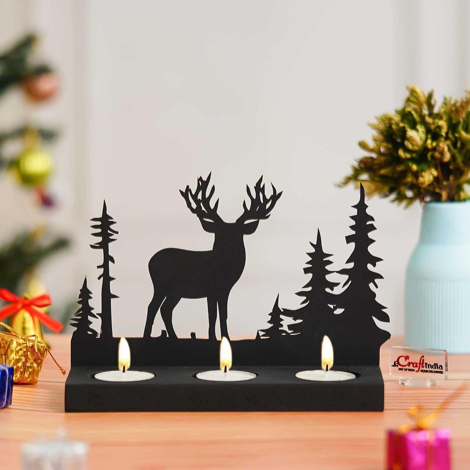 

Wooden Reindeer Christmas Tree Decorative Tea Light Candle Holders(Black)| Diwali Christmas Decoration Items for Home Decor Living Room Office