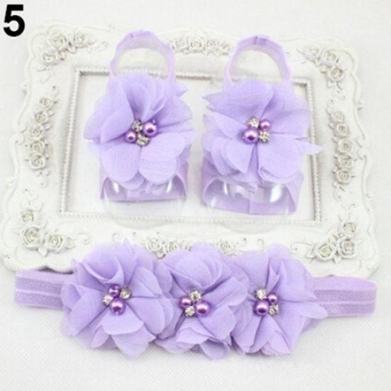Cute Newborn Baby Infant Girl Rose Flower Headband + Barefoot Ring Sandals Shoes