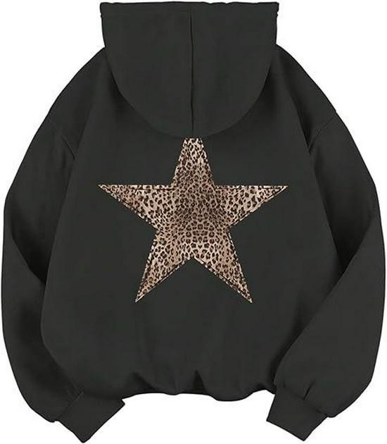 Dames Hooded Sweatshirt met Luipaard- en Sterrenprint, Casual Pullover met Lange Mouwen, Grote Voorraad Beschikbaar