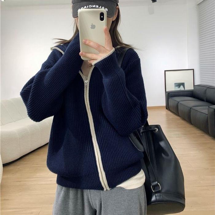 Sweater jacket zipper stand-up collar lazy new thickened loose women's Korean fashion color matching top