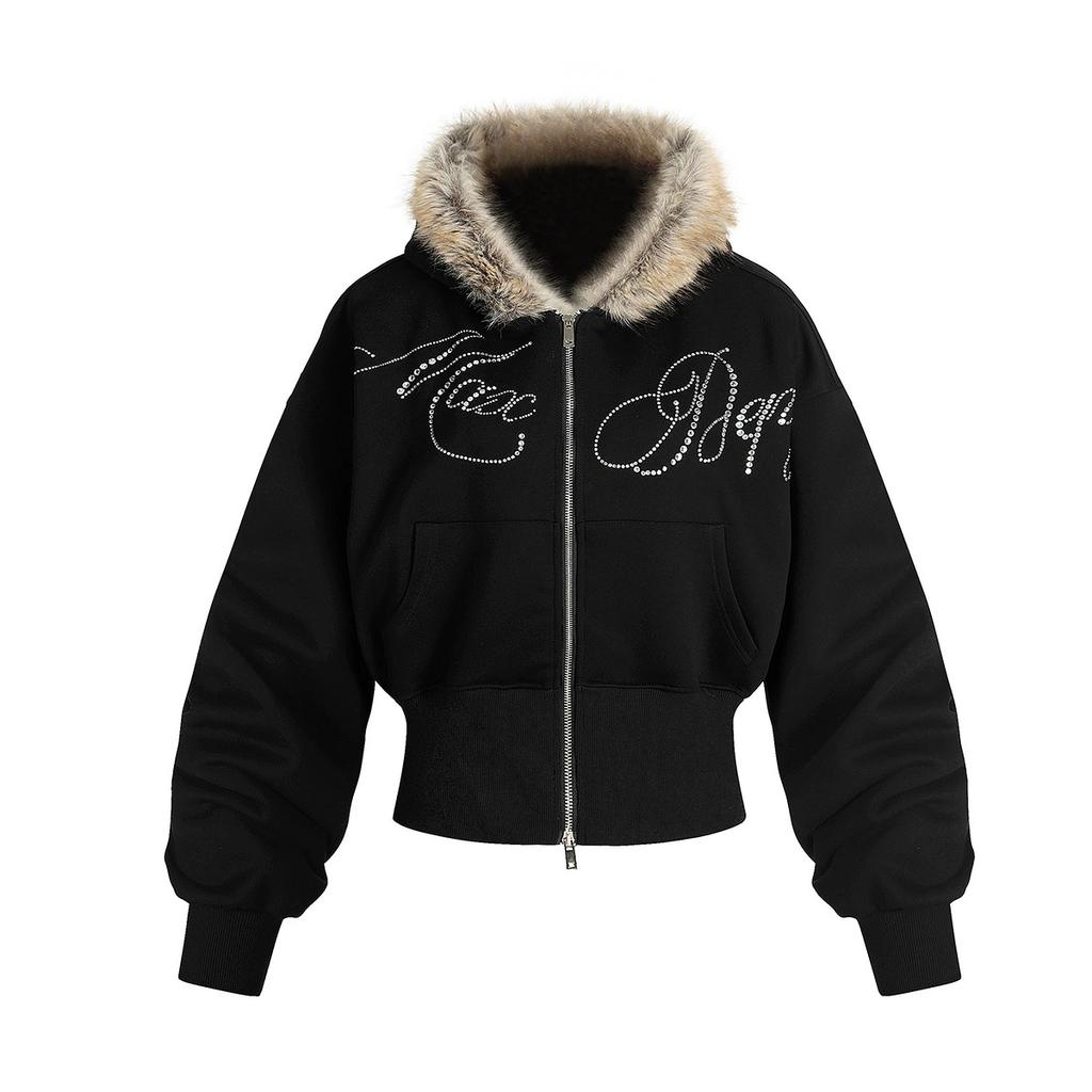 New Fall Hooded Jacket Women's Faux Fur Cropped Coat High Waist Short Outerwear Y2K Streetwear Zip Up Clothing