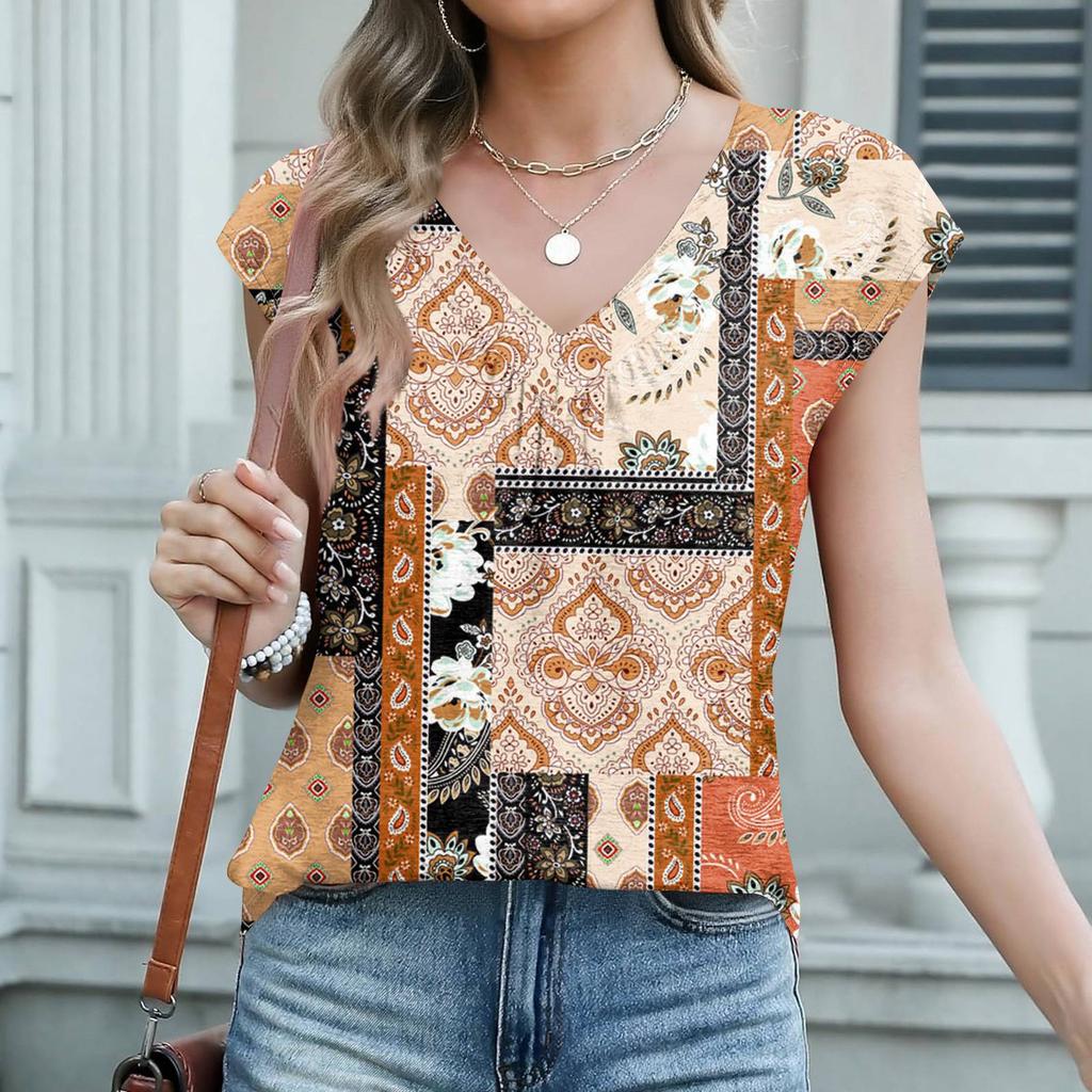 Women's Fashion V-neck Bohemian Print Short Sleeve Top