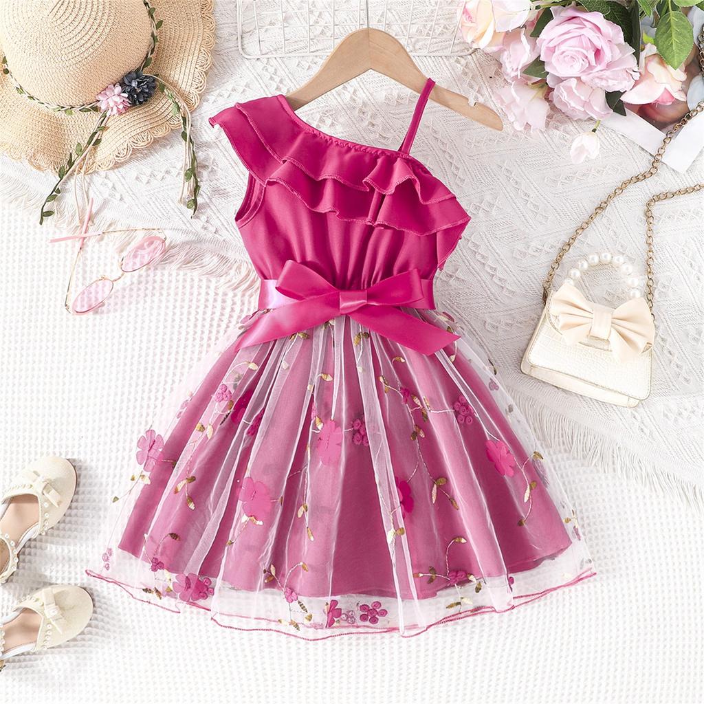 Summer Children Leaf Inclined Shoulder Strap Craft Skirt Girls Fashion Casual Dress