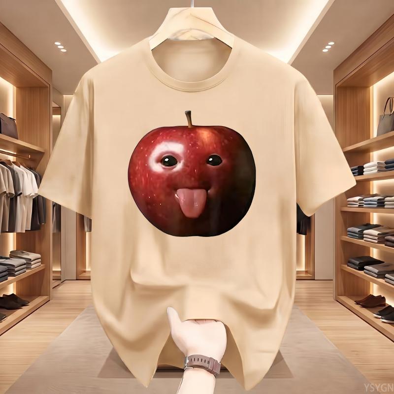 Funny Silly AI Apple Gen Z Meme BrainRot Humor Tongue Out T-shirt for Men T Shirts Crewneck Short Sleeve Tops