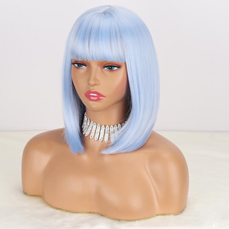 LISI HAIR Damenmode, kurze, reinweiße Bob-Perücke mit glattem Pony, Kunstfaser, schulterlang, glatt, Bob, weiß-silberne Perücke