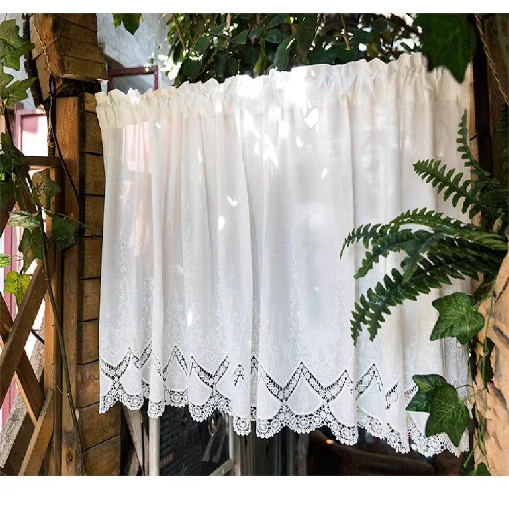 100% Cotton Hollow Flowers Short Curtains Living Room Korean Gream Lace Cloth Half Curtains for Kitchen Bookshelf Dust Curtain