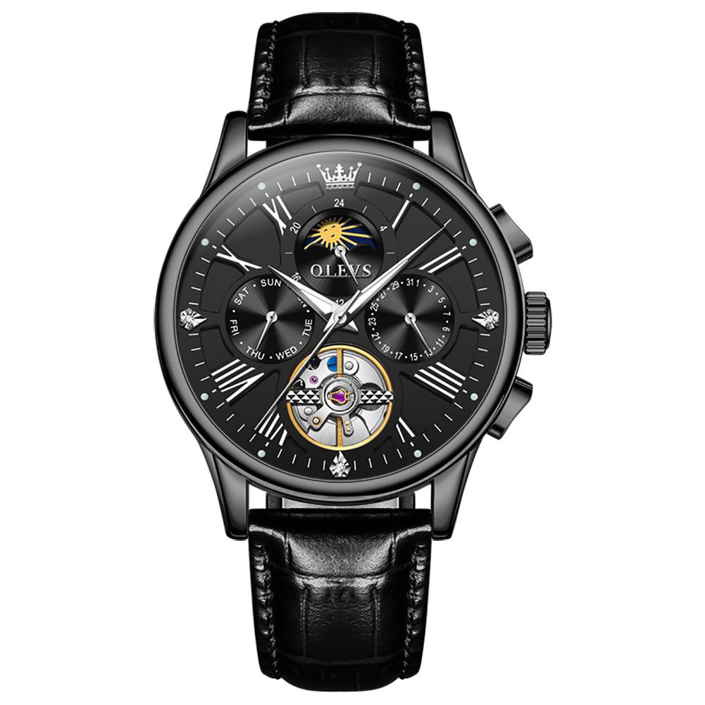 OLEVS Luxury Automatic Mechanical Watches for Men Leather Strap Calendar Week Tourbillon Man Watch Hollowed Men's Watches