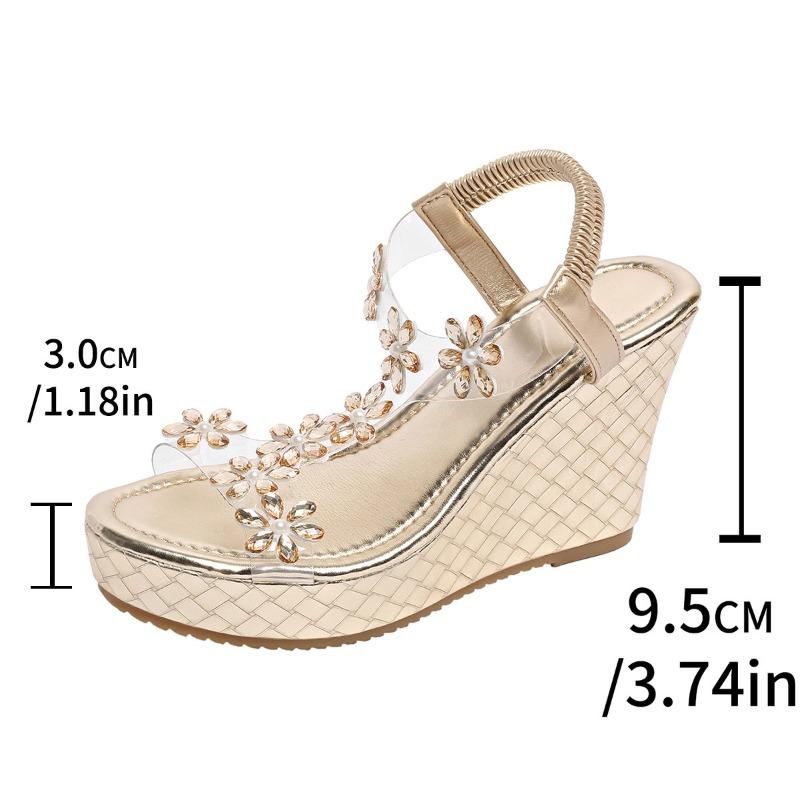 Muffin thick-soled wedge sandals women's summer new elastic band rhinestone flower water table fashion sandals