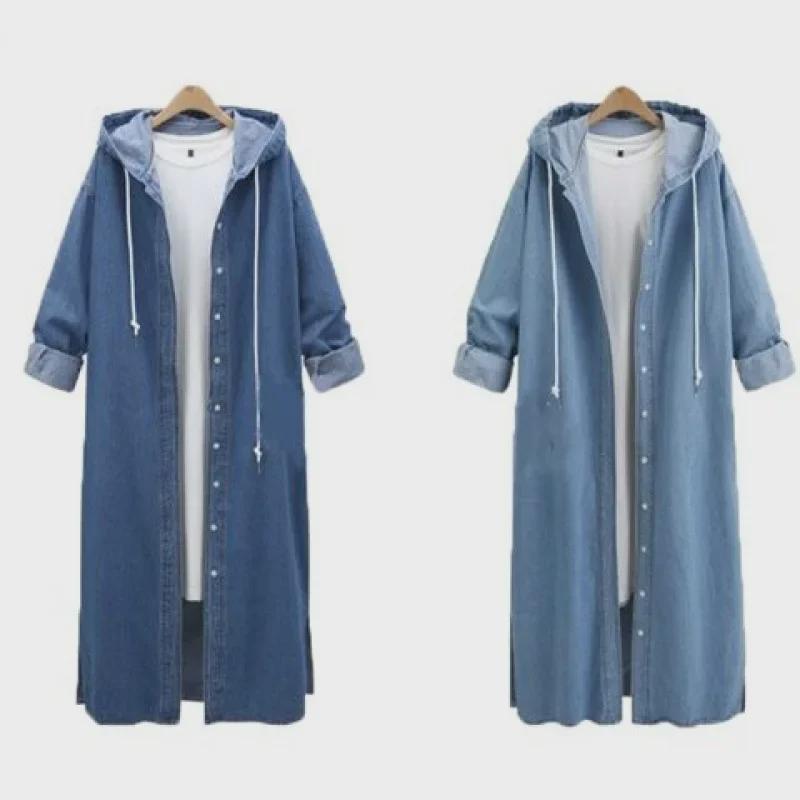 Plus-Size Hooded Denim Jacket for Women - Mid-Length, Loose Fit, Long-Sleeve Cardigan for Spring/Autumn