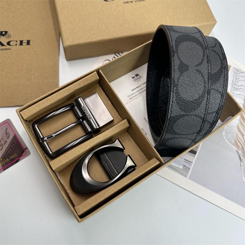 Men's Classic Double Buckle Leather Belt with C Buckle and Fabric Texture - Business Casual Trousers Accessory